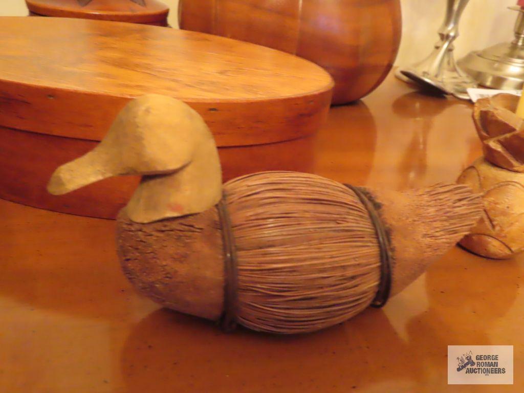 Wooden salad bowl, covered container, duck, and candlestick