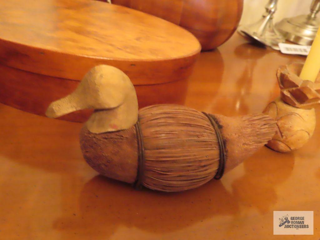 Wooden salad bowl, covered container, duck, and candlestick