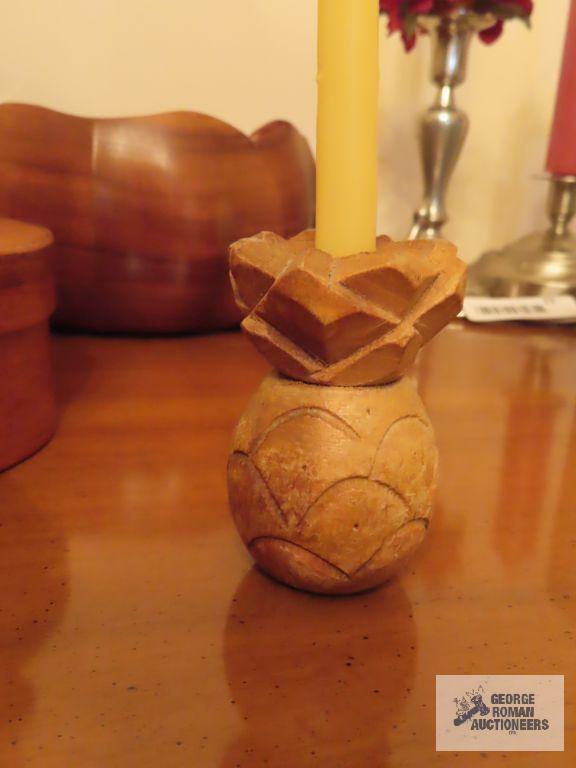 Wooden salad bowl, covered container, duck, and candlestick