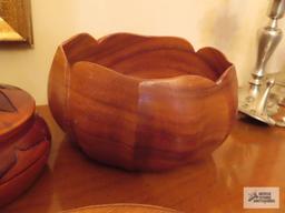 Wooden salad bowl, covered container, duck, and candlestick