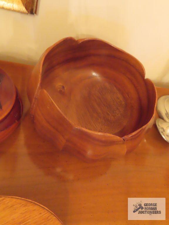 Wooden salad bowl, covered container, duck, and candlestick