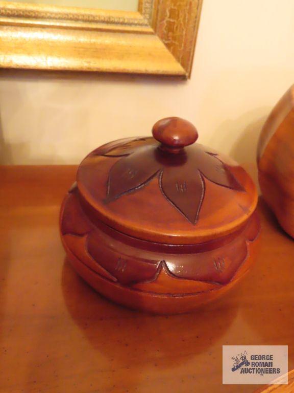 Wooden salad bowl, covered container, duck, and candlestick
