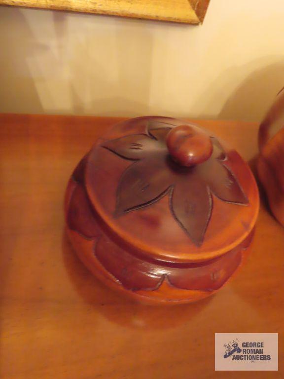 Wooden salad bowl, covered container, duck, and candlestick