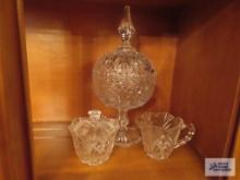 Glass creamer, sugar, and covered compote