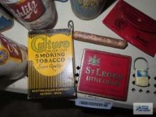Vintage tobacco cans, cigar tin, Schlitzbeer cans, motor oil, lubricants, etc