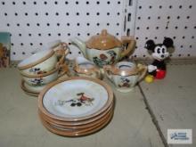 Walt Disney, Mickey Mousefigurine and Mickey Mouse miniature teapot, creamer, sugar, cups and