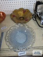 Grape painted glassserving dish and blue glass serving dish