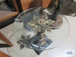 Decorative glass top accent table with heavy marble base. glass has chips.