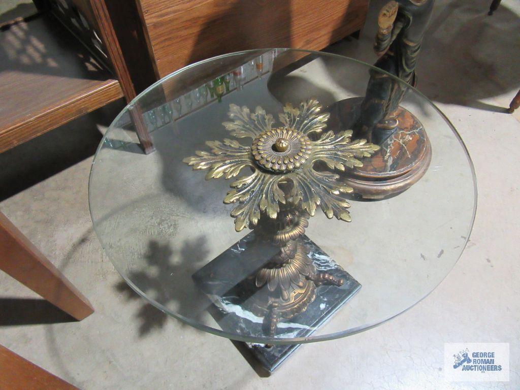 Decorative glass top accent table with heavy marble base. glass has chips.