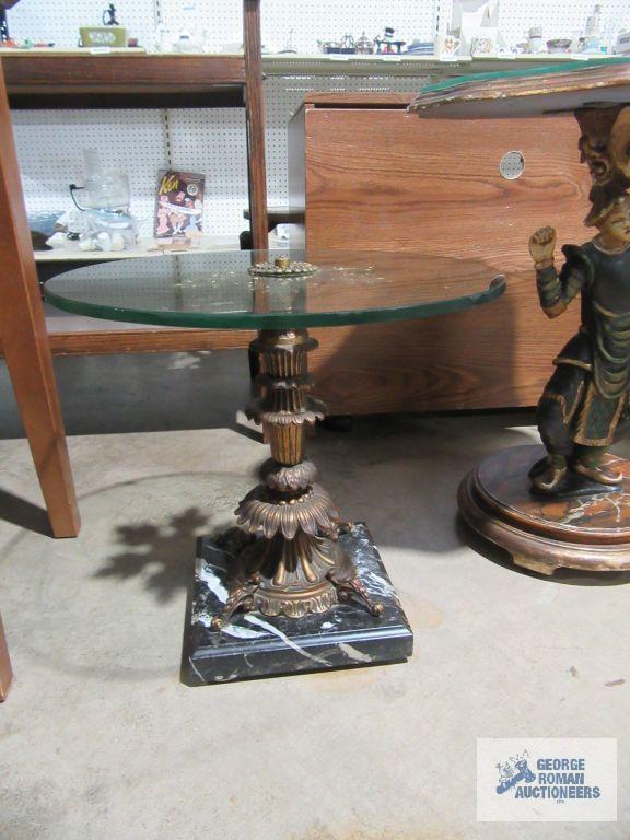 Decorative glass top accent table with heavy marble base. glass has chips.