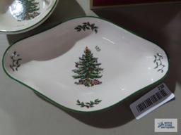 Spode Christmas tree glassware set, candy dish and condiment dish