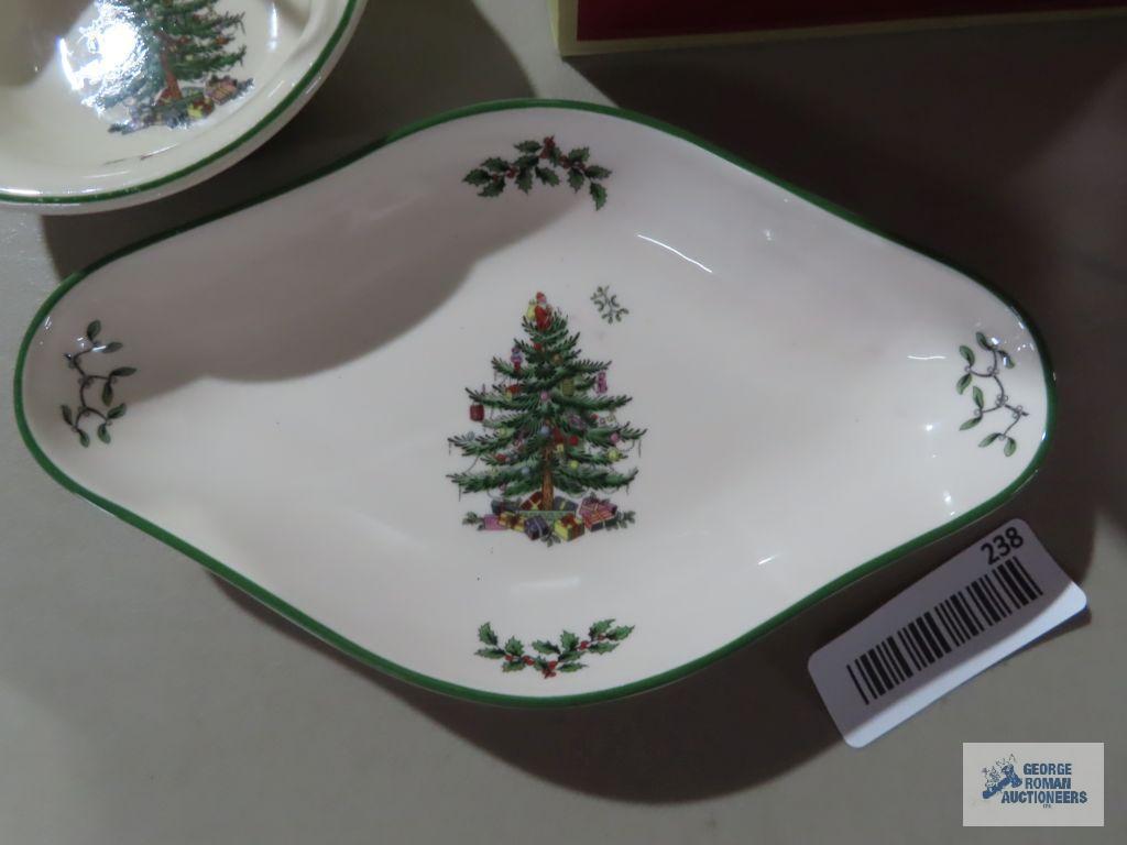Spode Christmas tree glassware set, candy dish and condiment dish