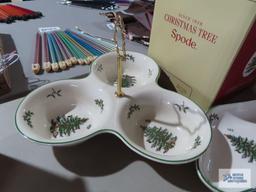 Spode Christmas tree glassware set, candy dish and condiment dish