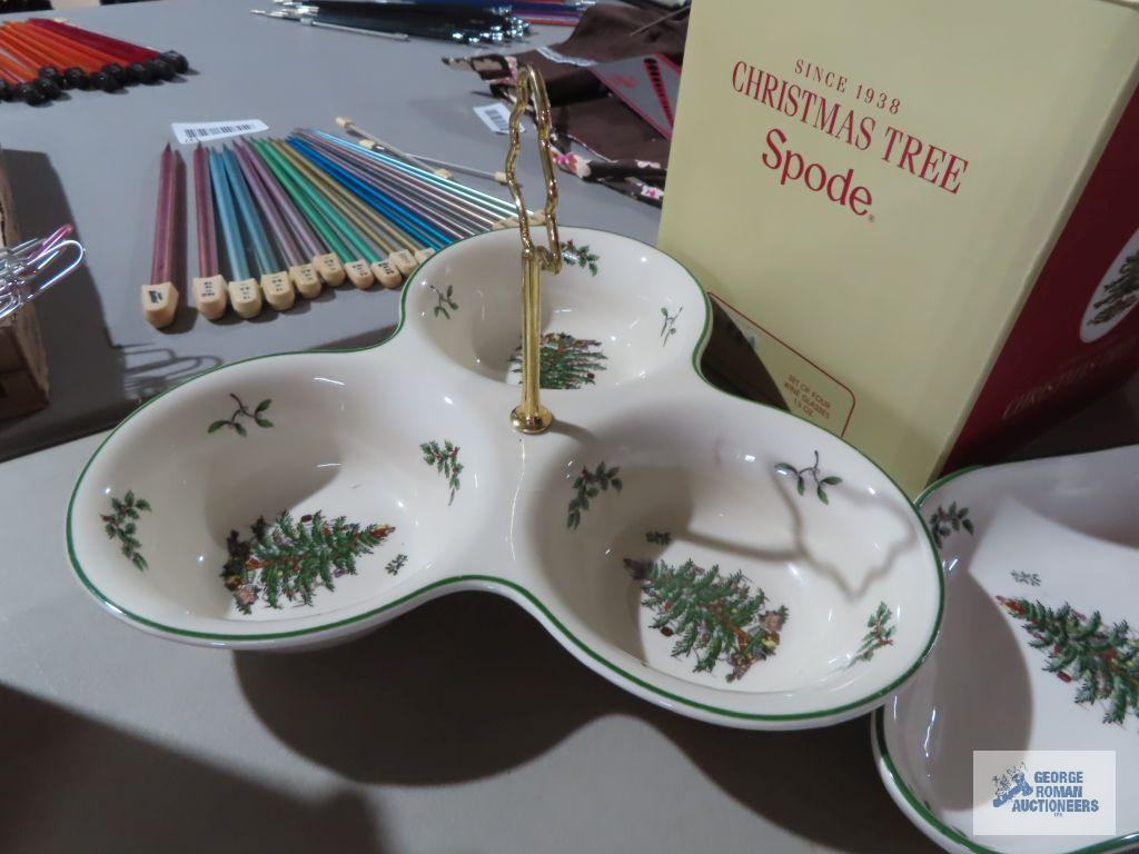 Spode Christmas tree glassware set, candy dish and condiment dish