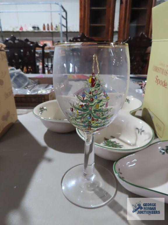 Spode Christmas tree glassware set, candy dish and condiment dish