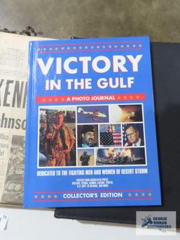 Presidential newspaper articles, tribute to John F. Kennedy book, victory in the gulf photo journal.