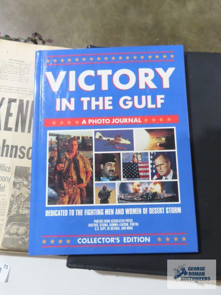 Presidential newspaper articles, tribute to John F. Kennedy book, victory in the gulf photo journal.