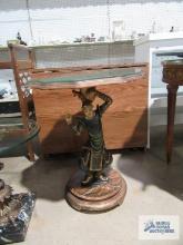 Painted gold accent table with figurine base. base has damage.