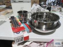 Stainless steel mixing bowls, flour sifter, stainless steel rolling pin, deep fry thermometer,