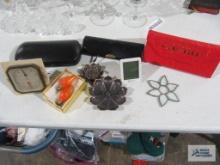Reading glasses, glasses case, vintage thermometer and etc