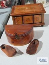 Jewelry music box, wooden trinket box, and miniature wooden shoes