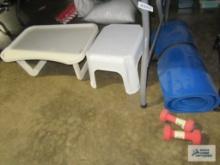 Lap tray table, plastic step stool, yoga mat, and barbells