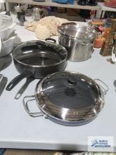 Blue Diamond non-stick pan with lid, Farberware roasting pan and stainless steel stock pot