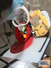 Pyrex measuring cup, oven mitts, measuring spoons, plastic cutting boards, etc