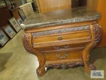 Collezione Europa ornate fruitwood marble like top claw foot nightstand with marble like insert on