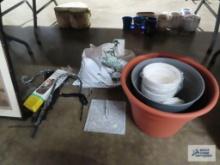 Variety of planters, sundial, yard and garden supplies, etc