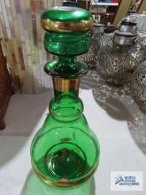 Vintage green glass decanter with hand-painted gold trim