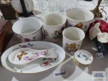 Lenox spoon rest, Royal Worcester platter, Royal Worcester bowl and Berlin Ironstone planters