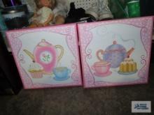 Two tea party canvas like wall plaques. 12 in x 12 in