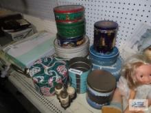 Antique condiment set, No. 41309 with crown stamp on bottom. Variety of decorative tins.