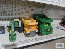 Fisher Price John Deere dump trucks and digger