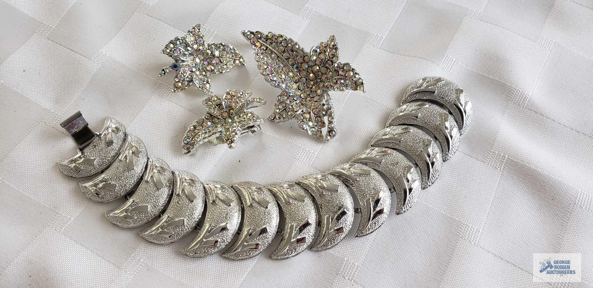 Leaf motif iridescent gemstone pin and clip on earrings set and moon shaped bracelet marked Coro