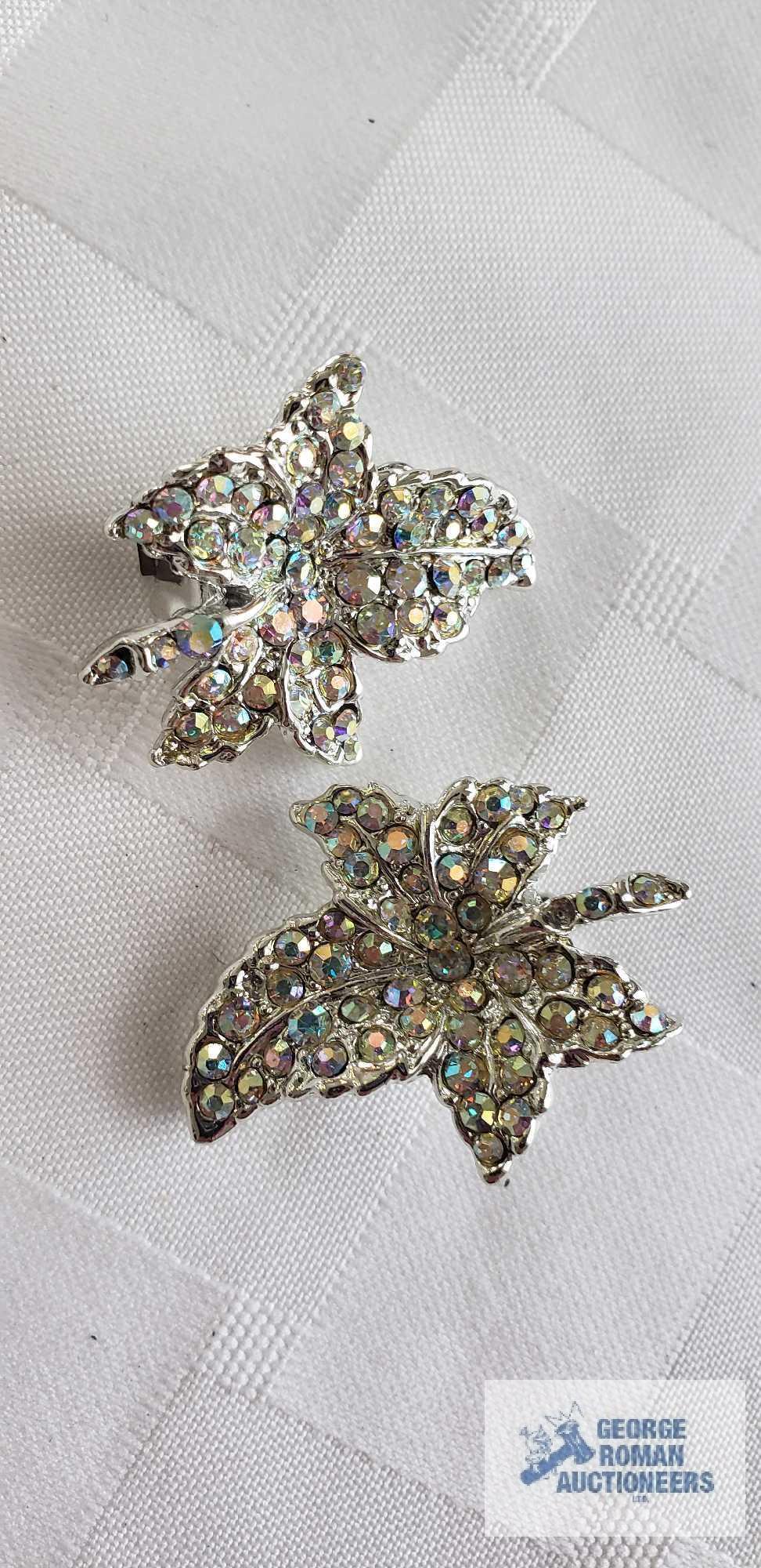 Leaf motif iridescent gemstone pin and clip on earrings set and moon shaped bracelet marked Coro