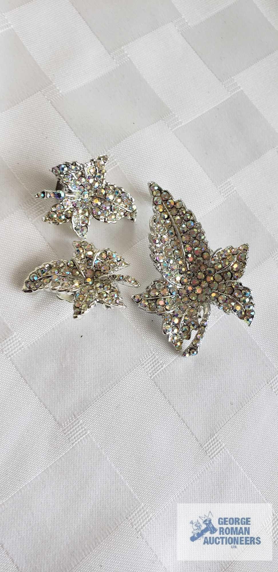 Leaf motif iridescent gemstone pin and clip on earrings set and moon shaped bracelet marked Coro