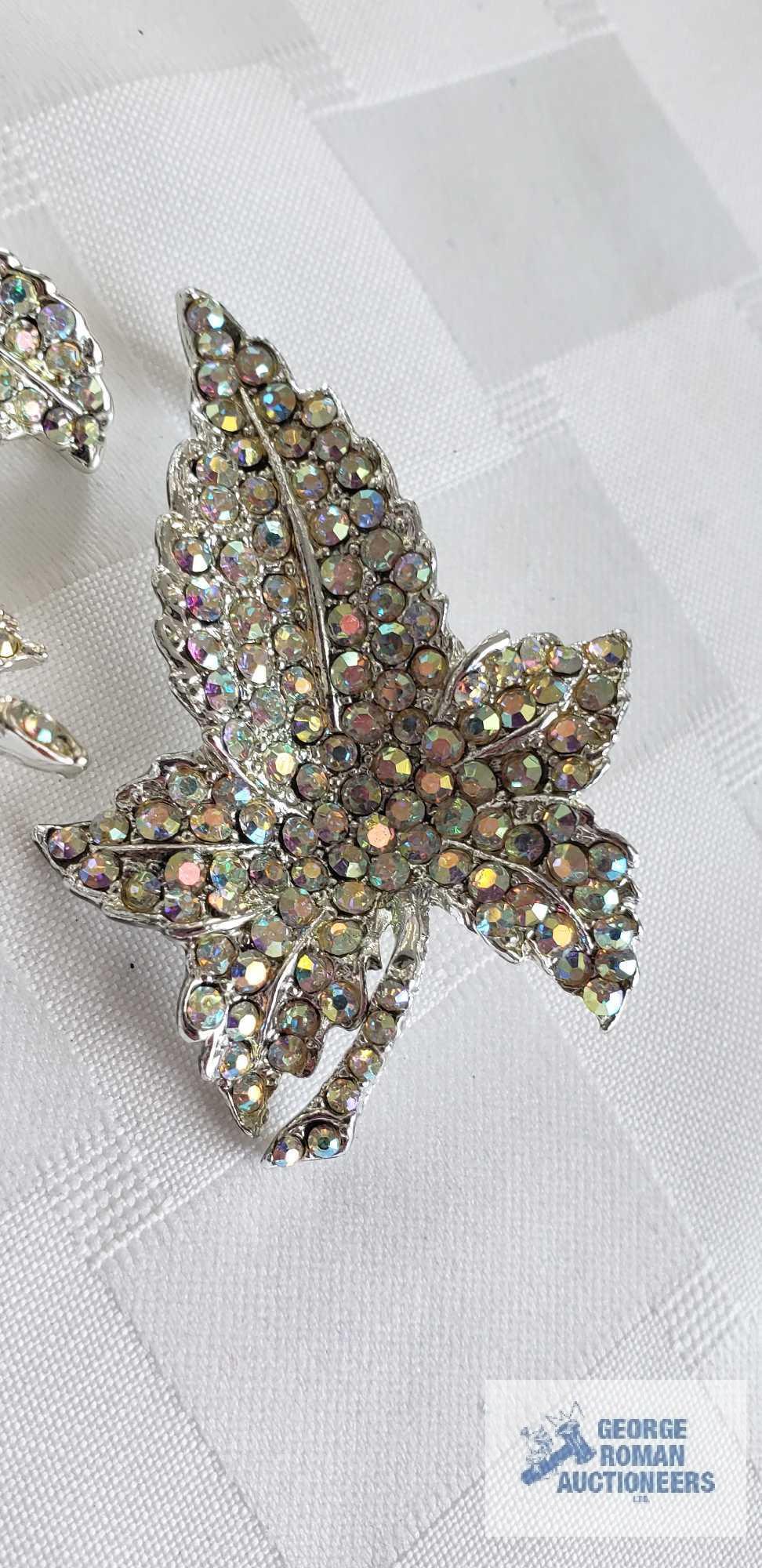 Leaf motif iridescent gemstone pin and clip on earrings set and moon shaped bracelet marked Coro