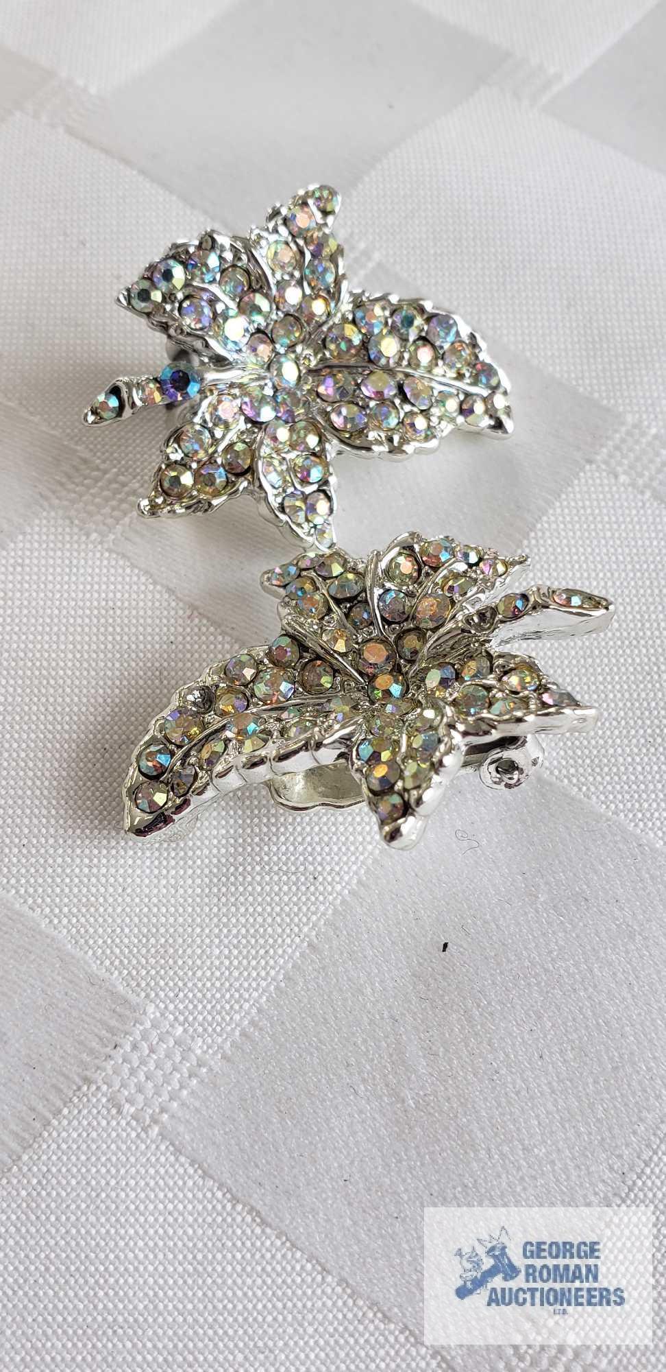 Leaf motif iridescent gemstone pin and clip on earrings set and moon shaped bracelet marked Coro