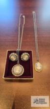 Blue and white cameo necklace and earrings set and other cameo necklace