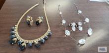Gold colored with clear stones and black beads necklace and earrings set. clear stone necklace and