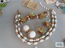 White bead and floral necklace and earrings set, colorful beaded bracelet and earrings set