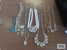 Vintage rhinestone, blue stone, and white beaded necklaces