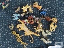 Variety of animal pins, Kennedy donkey pin, earrings marked J.J.
