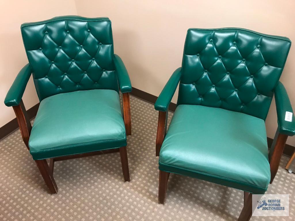 (2) GREEN LEATHER ARM CHAIRS