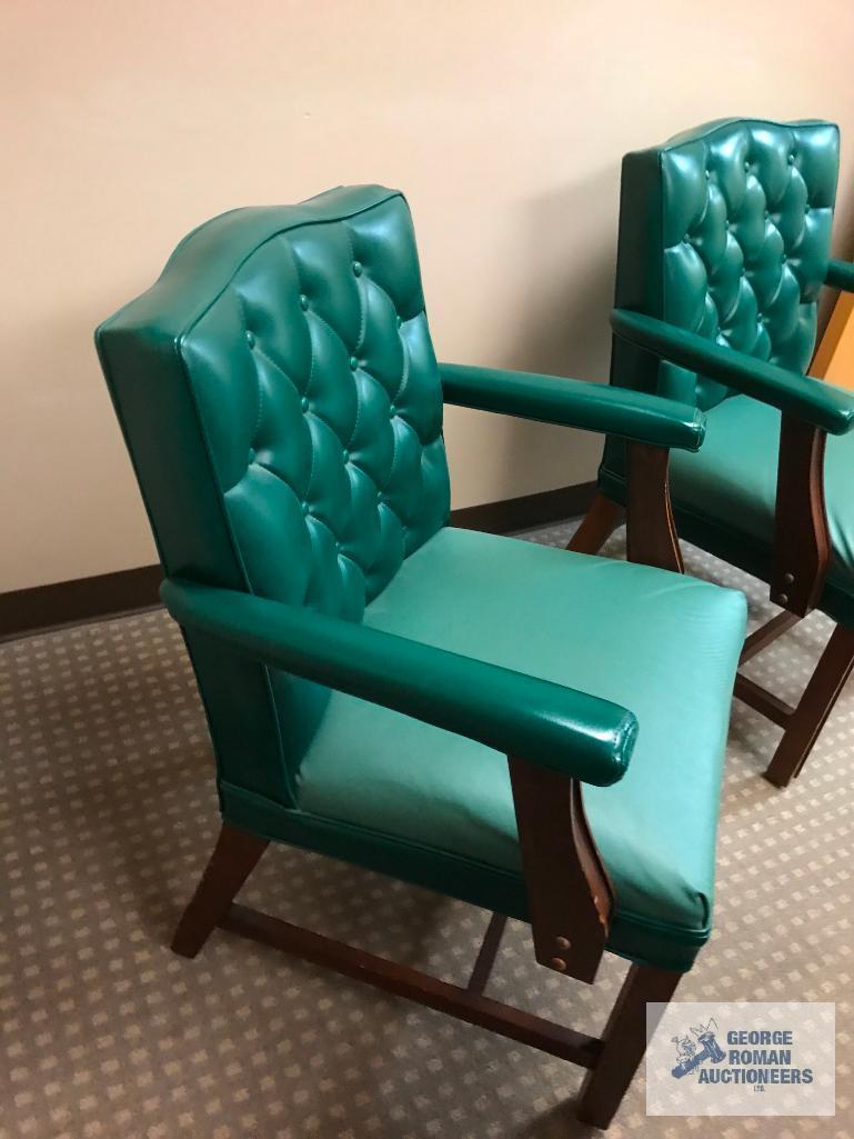 (2) GREEN LEATHER ARM CHAIRS