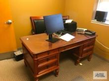 CHERRY DESK, (2) LEATHER ARM CHAIRS, SHELF, LEG ON DESK IS BROKEN