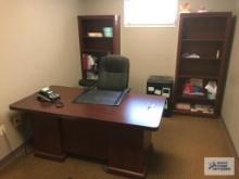 DESK, CHAIRS, BOOKCASES AND REFRIGERATOR