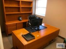 OAK DESK, CREDENZA AND CHAIR